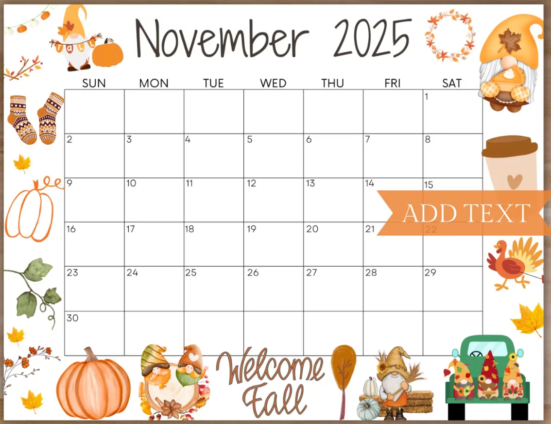 Cute November 2025 calendar in pastel minimalist design