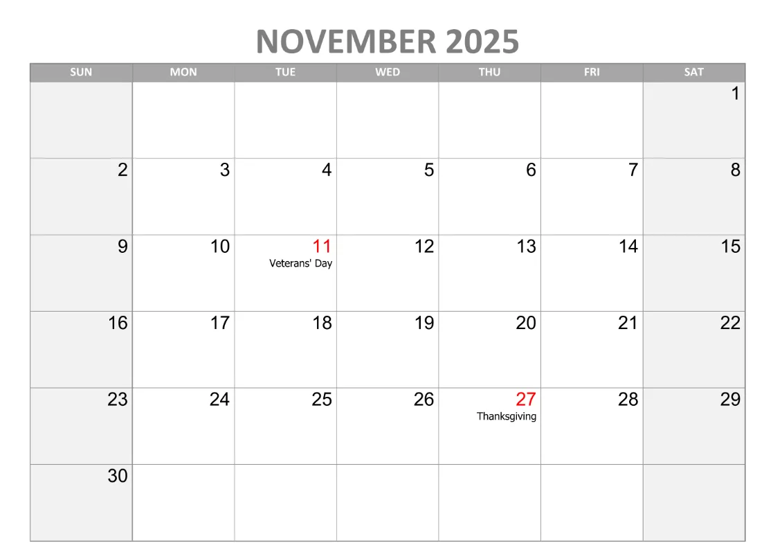 Editable November 2025 calendar layout for work, school, and home
