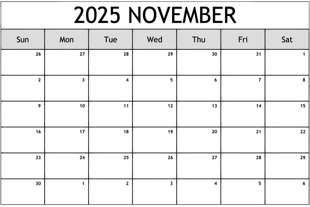 Editable November 2025 calendar template in printable format
