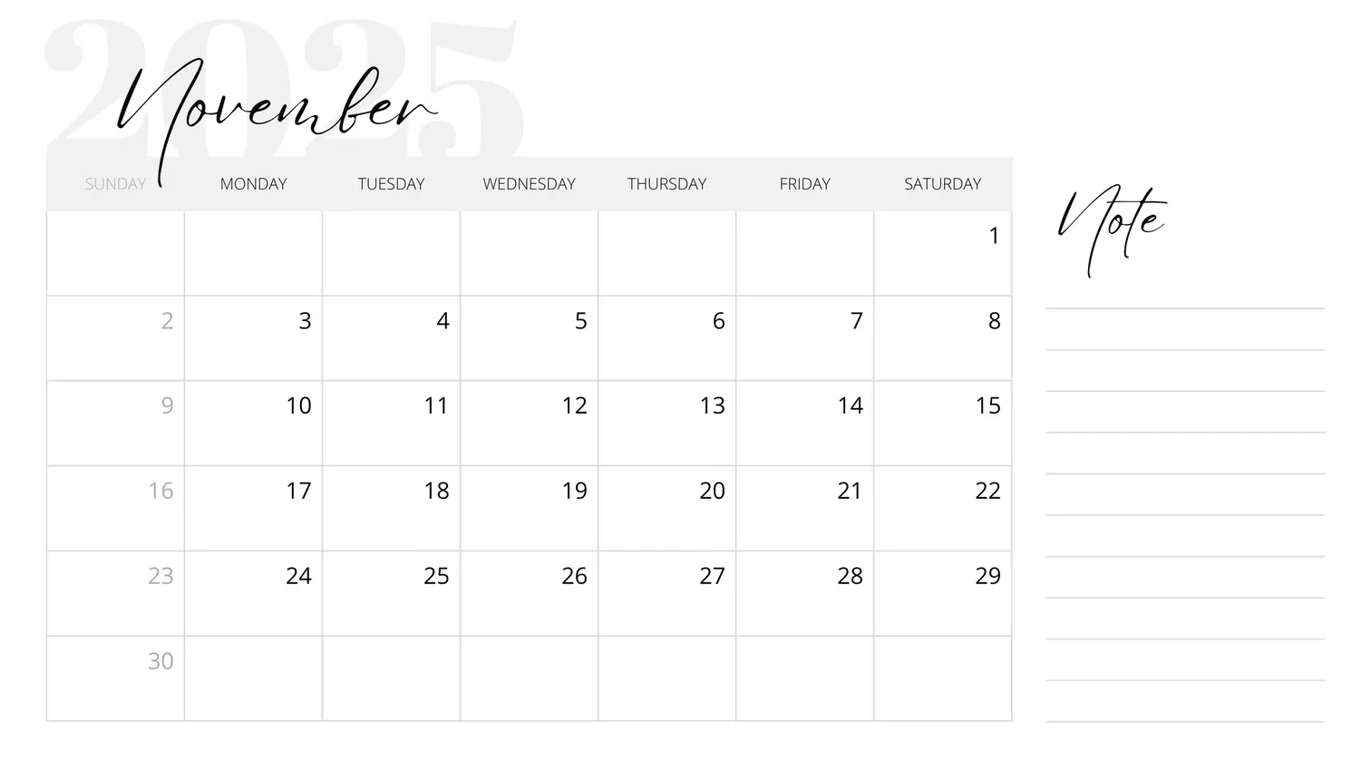 Editable November 2025 calendar with holidays and notes section