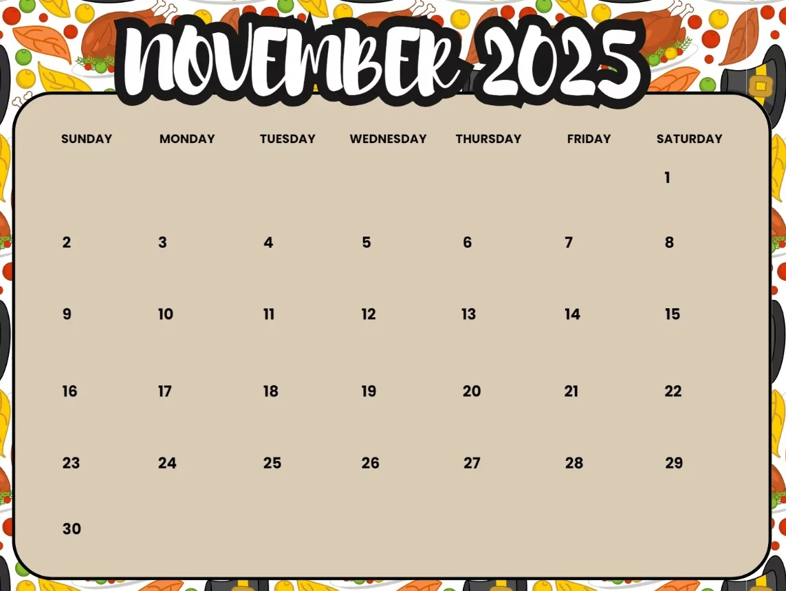 Editable calendar November 2025 for planning office and school schedules