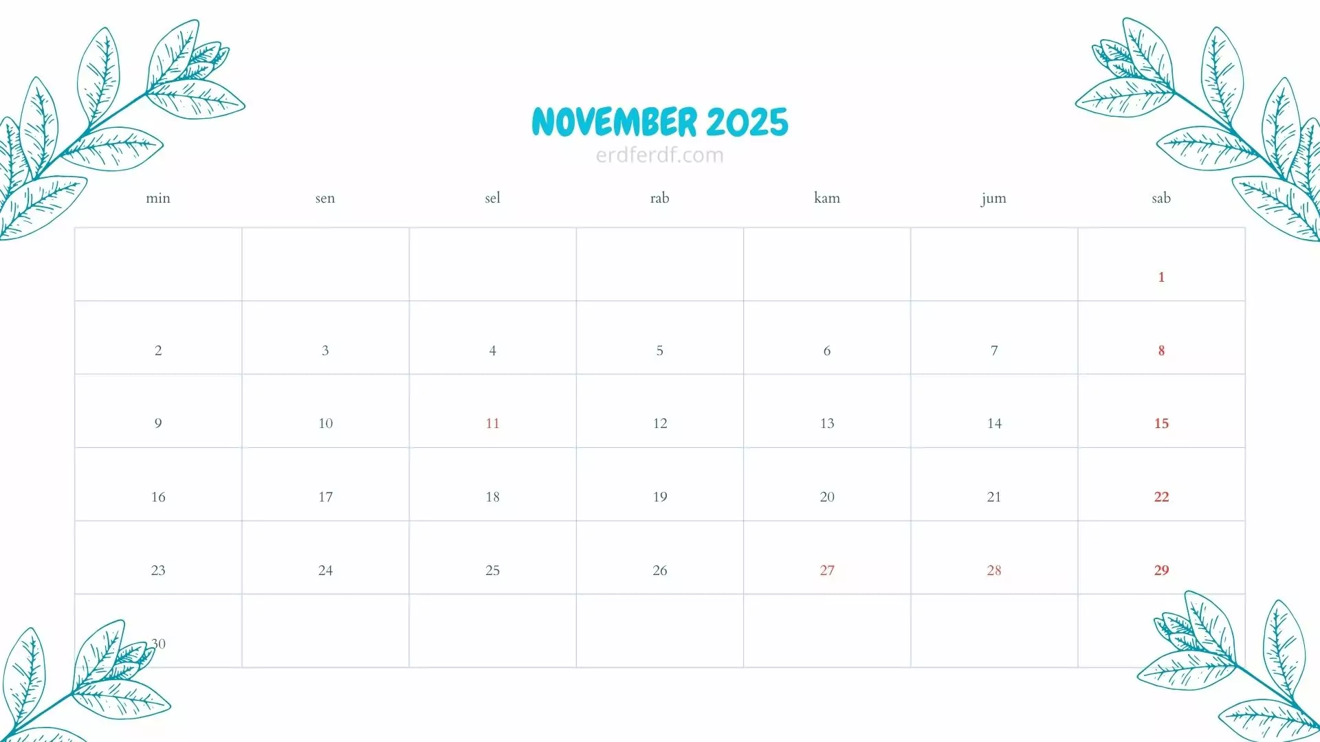 Free November 2025 calendar PNG with Thanksgiving and Veterans Day