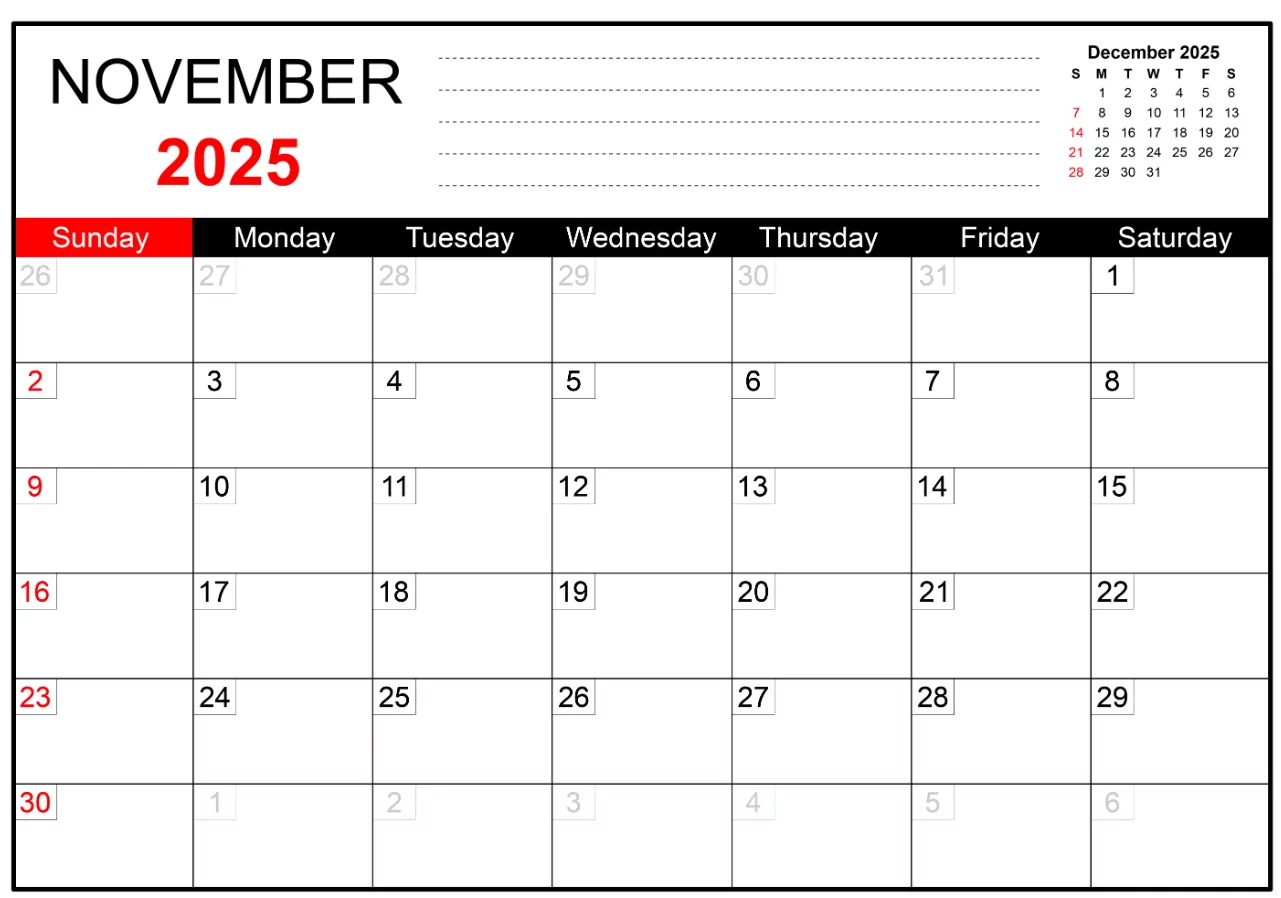 Free printable November 2025 calendar template for work and personal planning