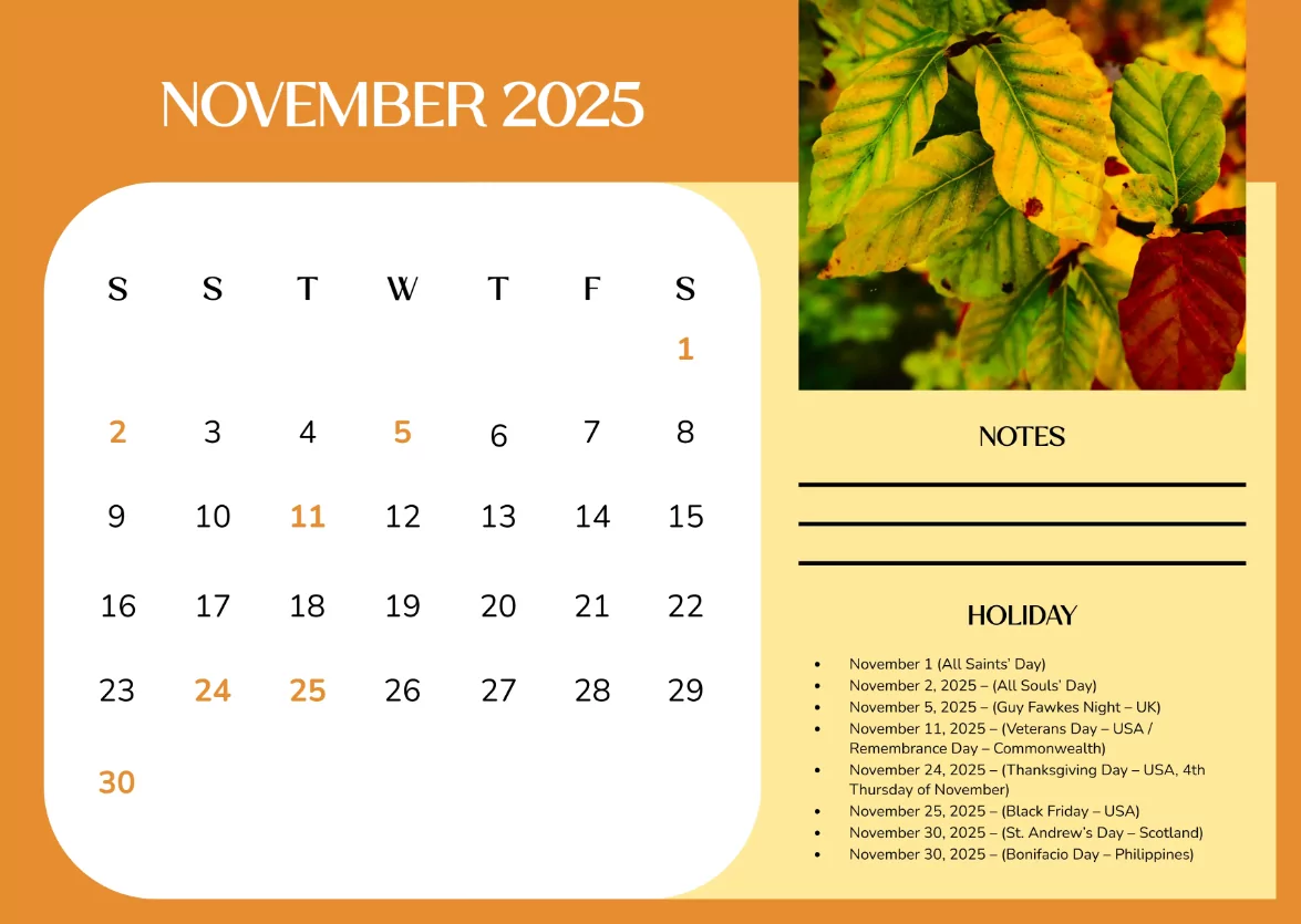 Minimalist November 2025 calendar template for home and office planning