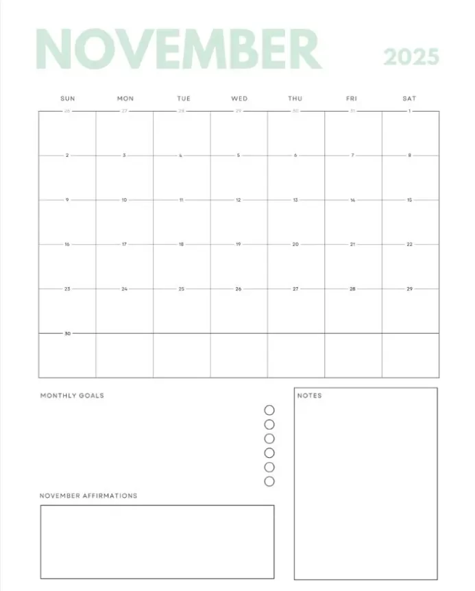 Minimalist November 2025 planner in landscape with goals and habit tracker