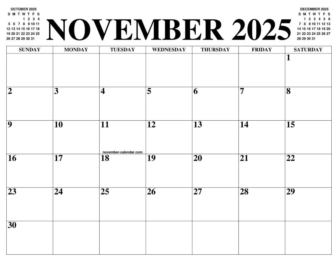 November 2025 calendar PNG design with holidays and notes section