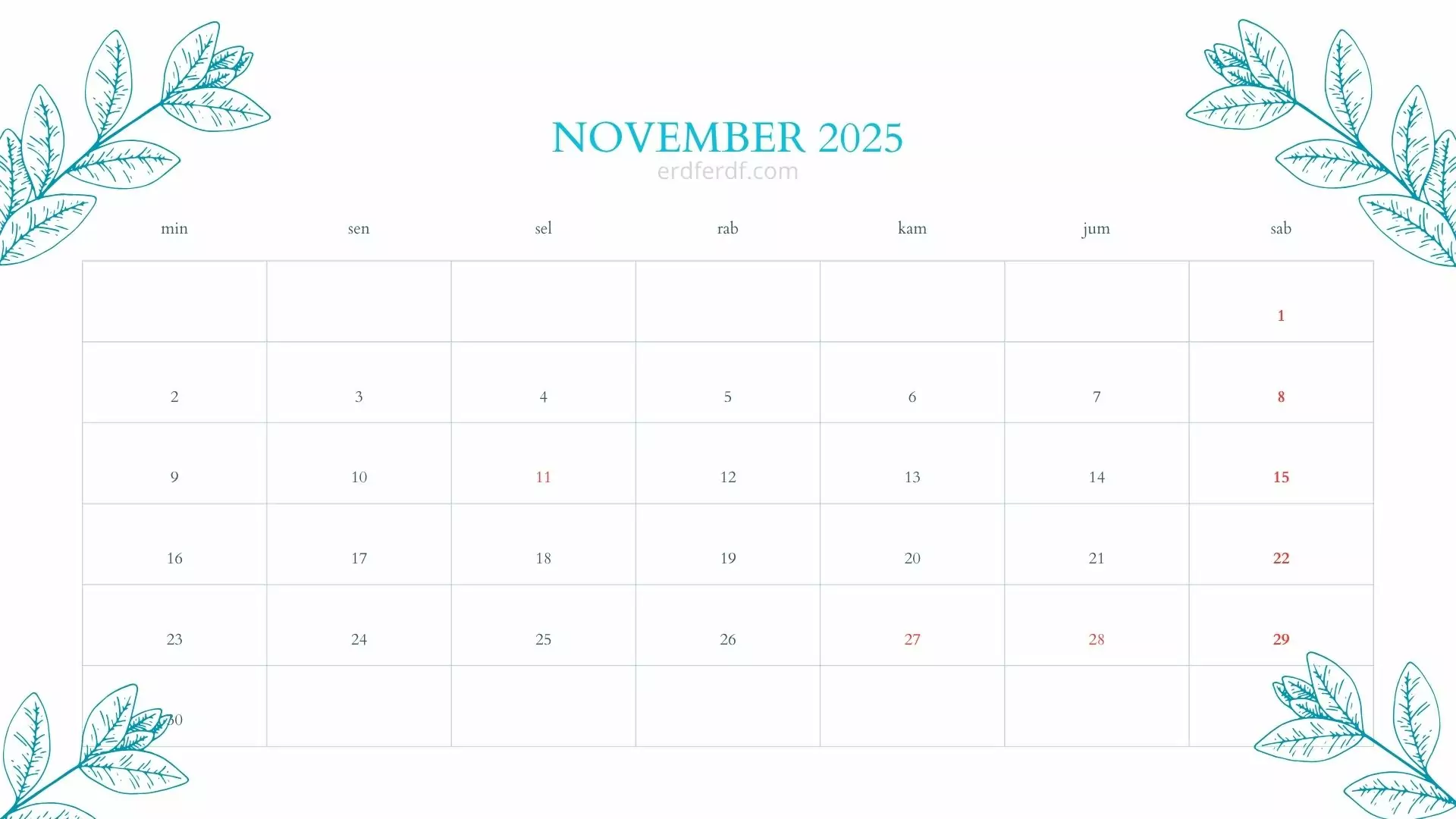 November 2025 calendar template JPG for work and home