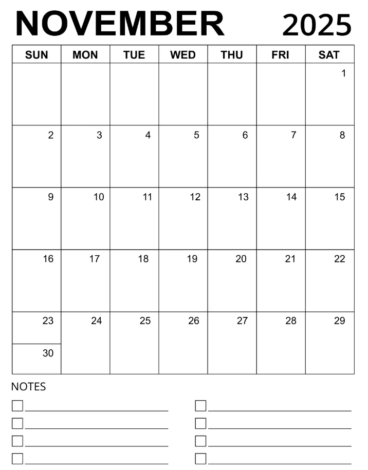 November 2025 calendar with monthly goals sidebar and daily notes lines