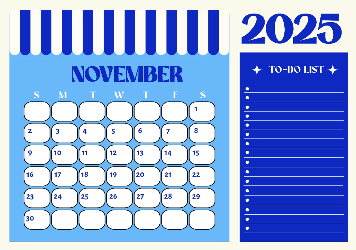 November 2025 monthly planner with to do list and important dates highlighted