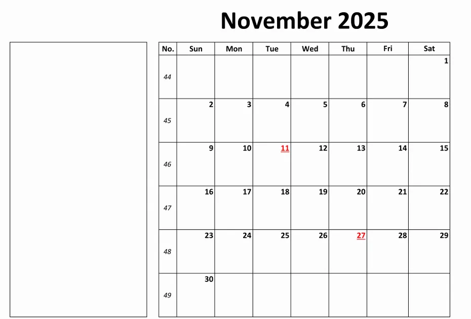 November 2025 school calendar for lesson planning and exams