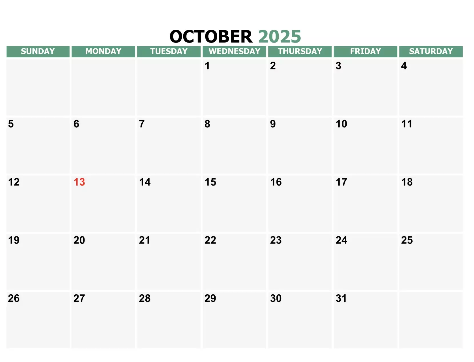October 2025 calendar with US holidays, Sunday start, clean grid for school and work planning