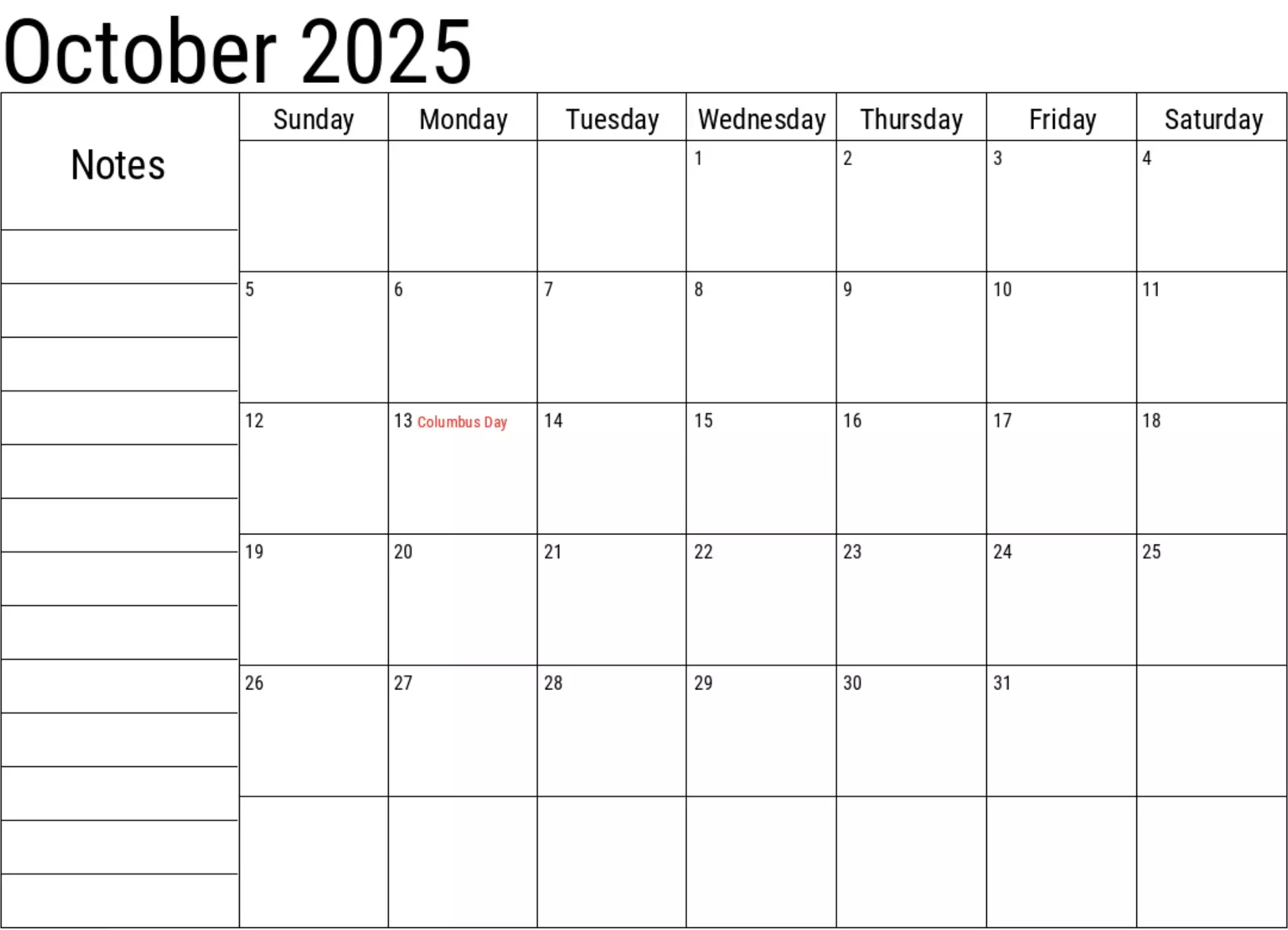 October 2025 calendar with holidays, Sunday start, clean grid layout for work and school planning