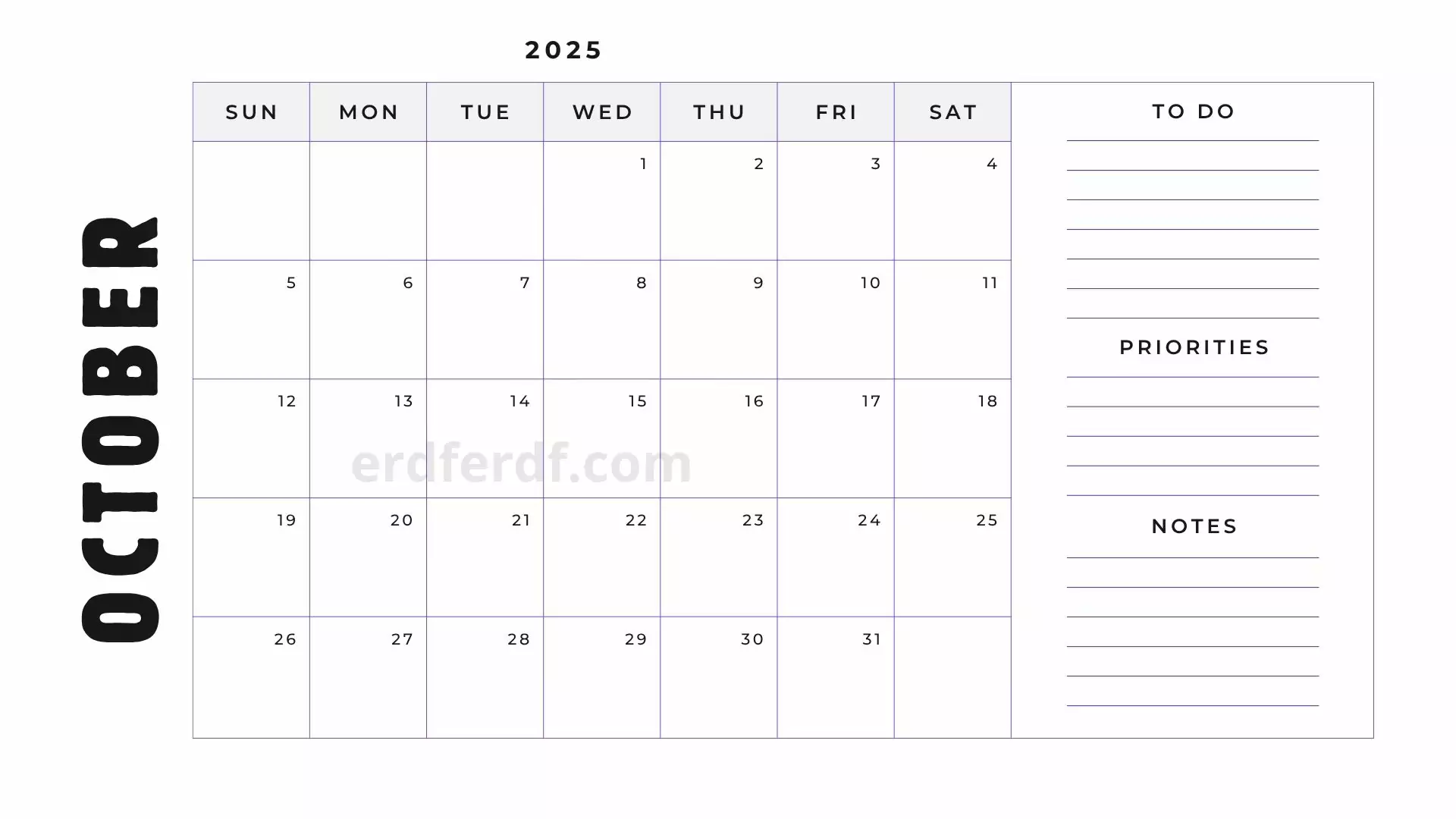 October 2025 calendar with notes section free printable image template
