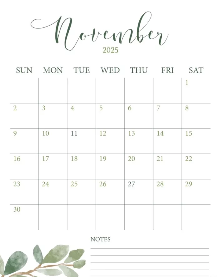 Printable November 2025 calendar portrait layout with goals, deadlines, and notes