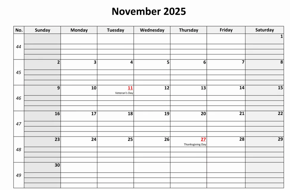 Printable November 2025 calendar template with large boxes and clean layout