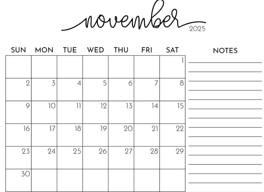 Printable November 2025 calendar with notes section for planning