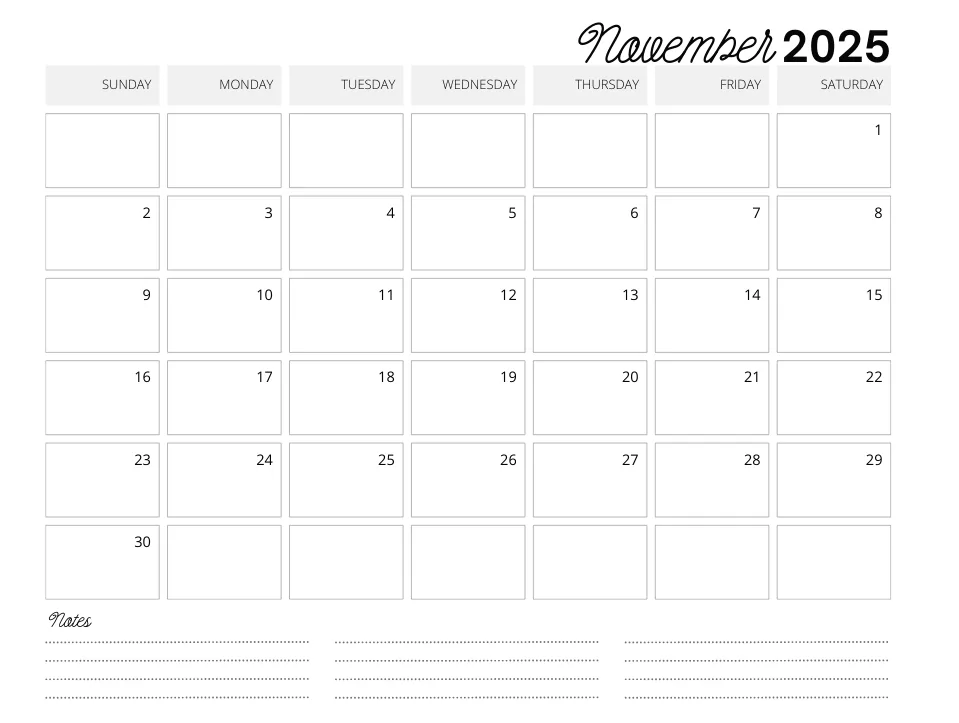 Printable November 2025 planner with task list and notes