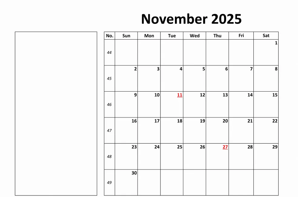 Printable November 2025 student calendar with goals and notes