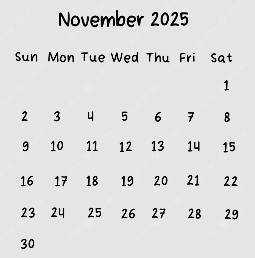 Simple November 2025 calendar in minimalist black and white design