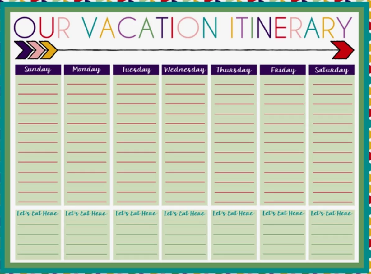 Weekly holiday calendar with colorful notes and vacation plans