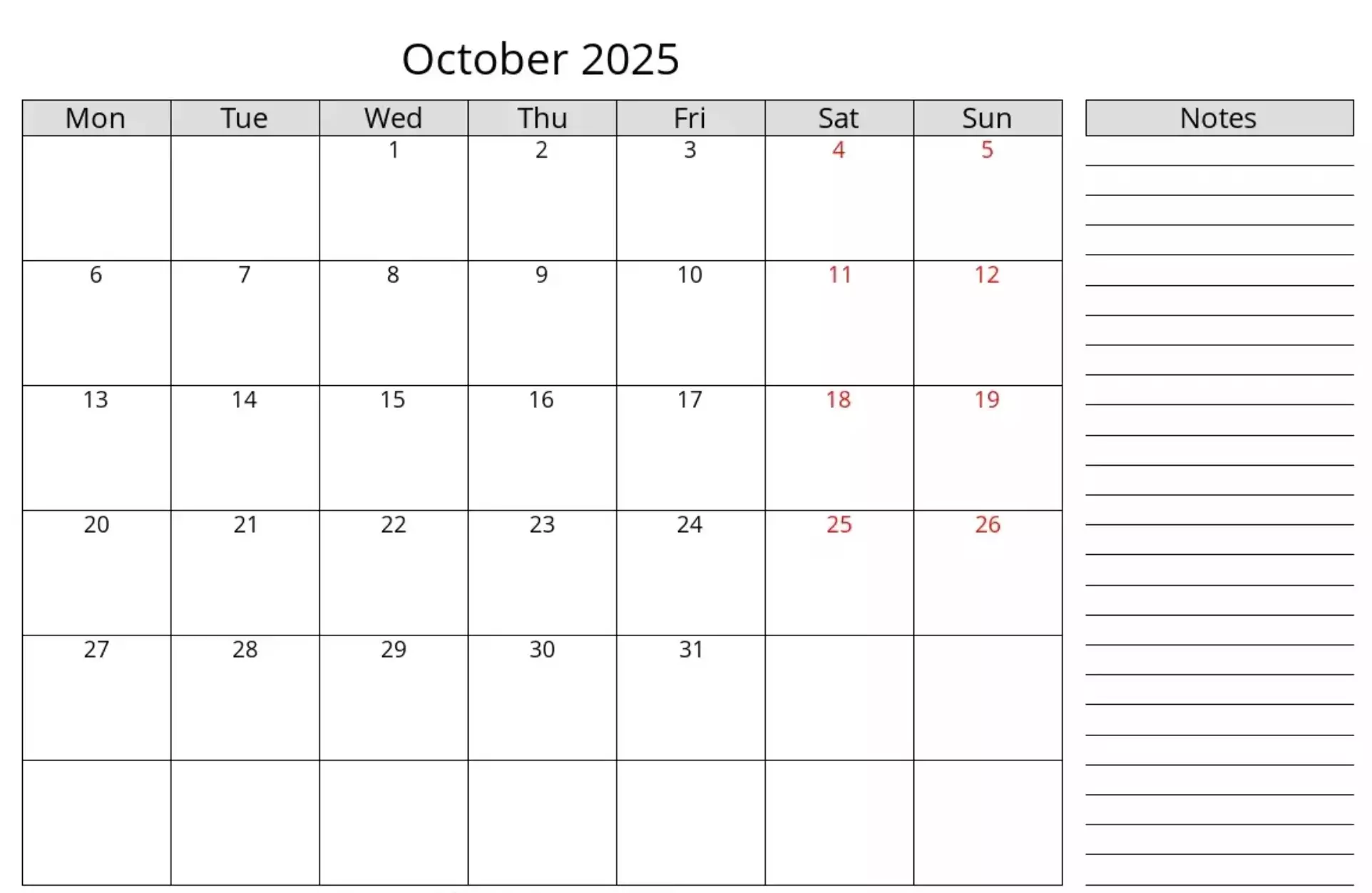 calendar October 2025 minimalist template, Monday start, printable PDF with notes section