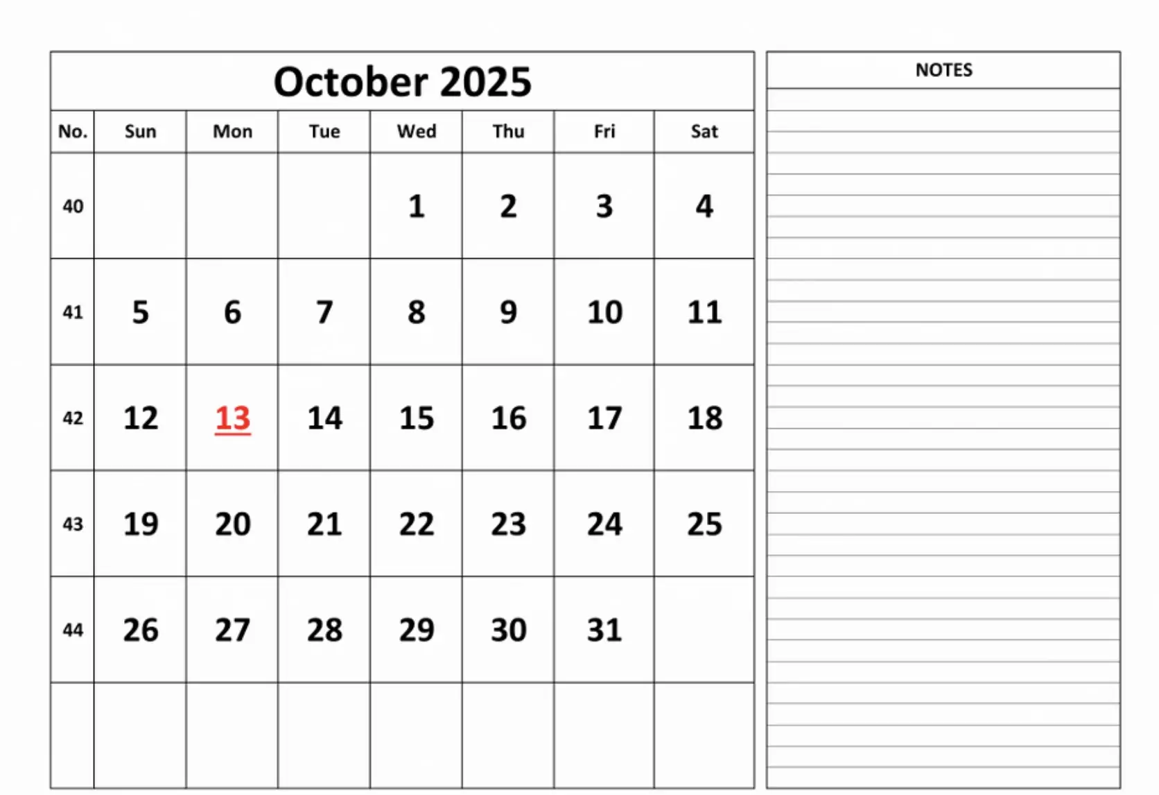 calendar October 2025 printable template (Monday start) in minimalist style, A4 letter size, with notes section