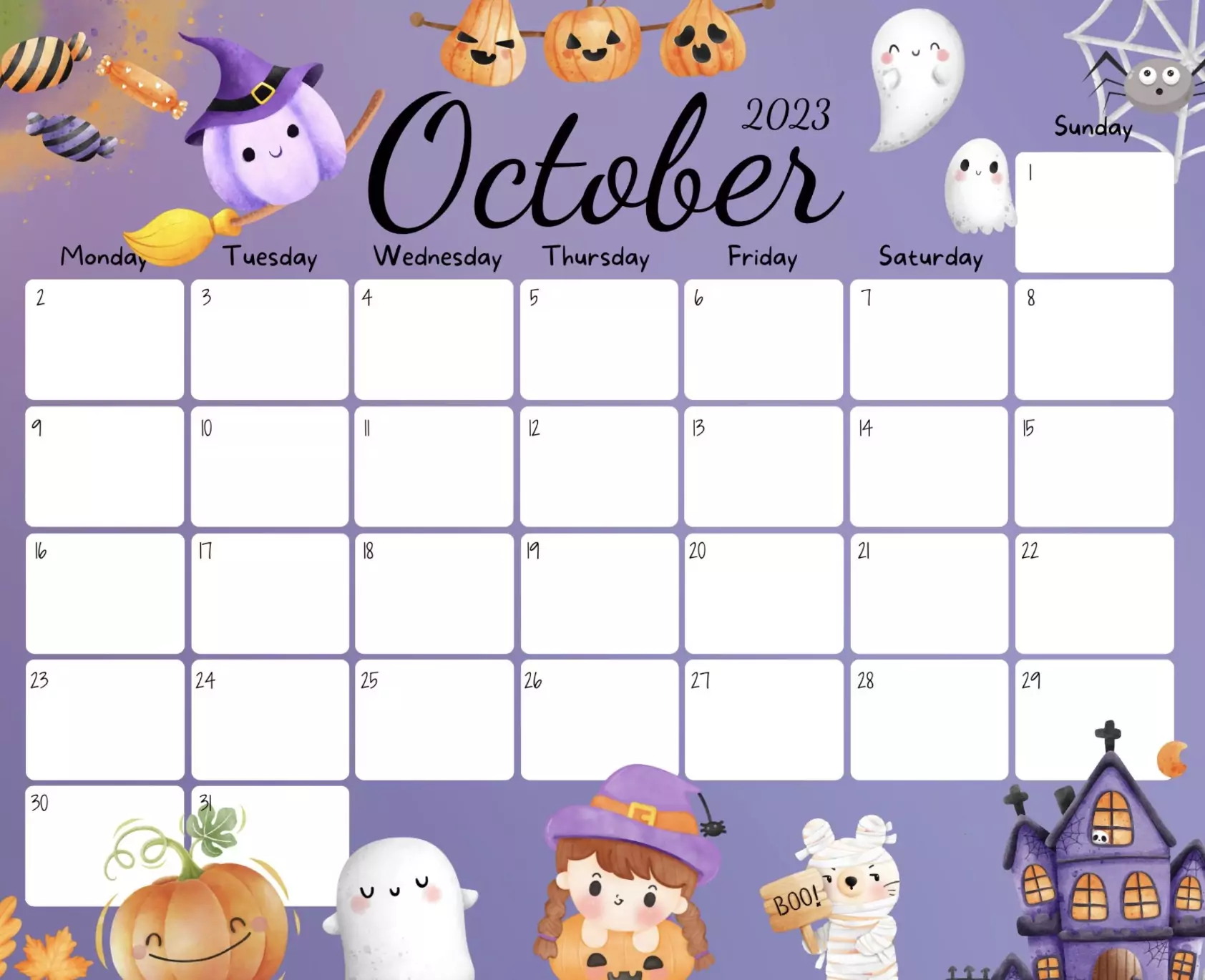 editable October 2025 monthly planner, Halloween themed calendar, free download PNG and PDF