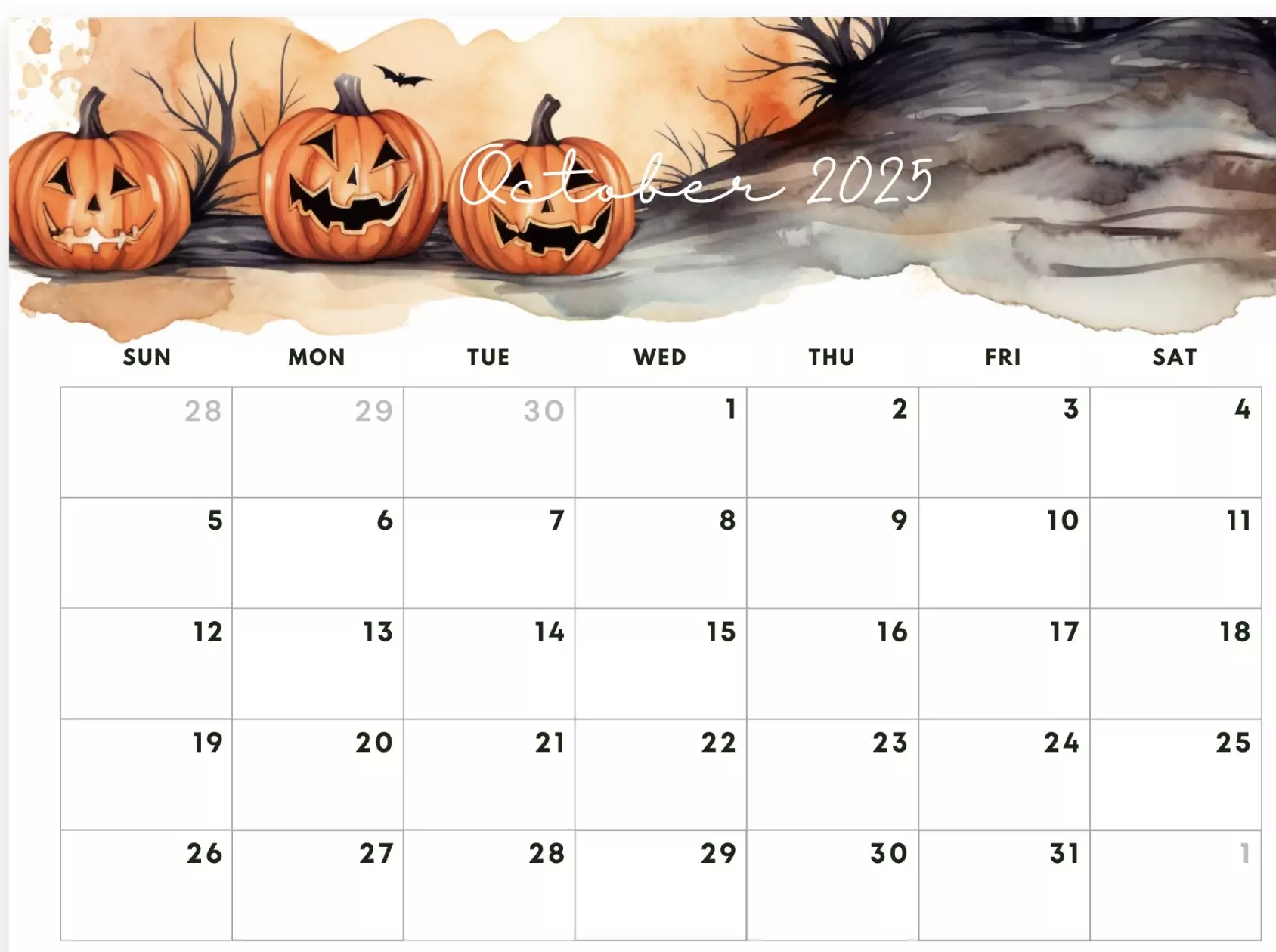 editable October 2025 monthly planner, Halloween themed design, free download PNG and PDF