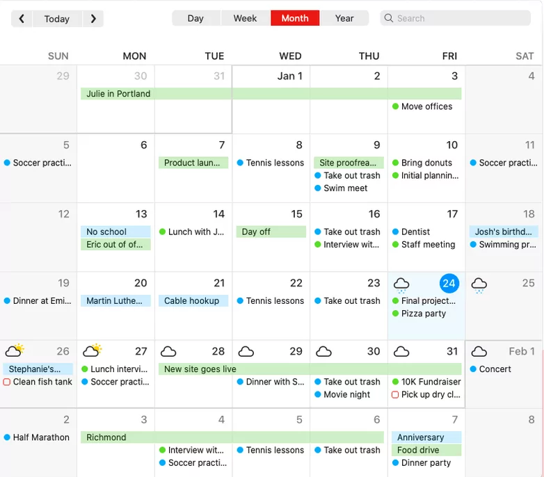 A calendar app interface organized as a planner for freelancer productivity