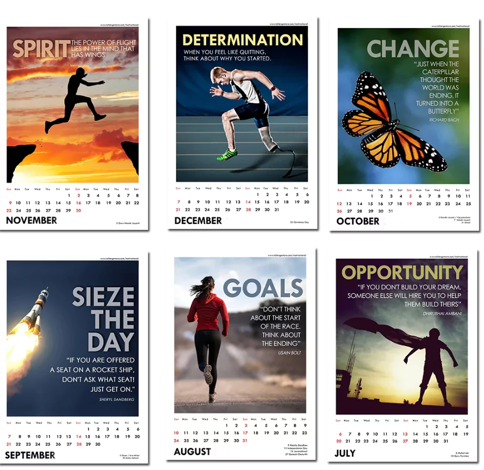 Artistic yearly calendar featuring abstract art and motivational quotes