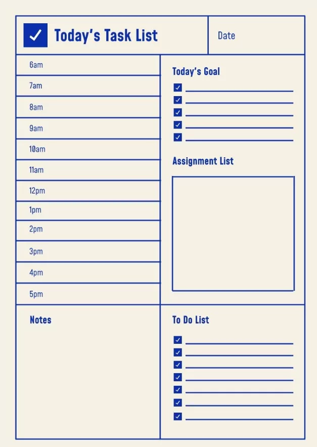 Example of a daily to do list integrated into a calendar based on specific productivity goals