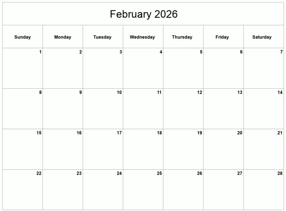 Blank February 2026 calendar PDF template ready to download and print