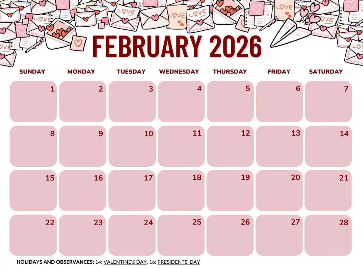 Blank February 2026 calendar printable with space for notes and events