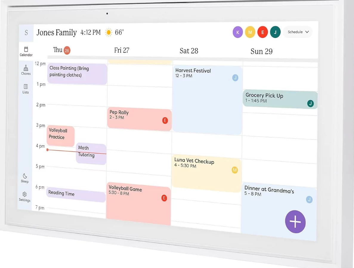 Digital calendar on tablet showing color coded family schedules and shared events