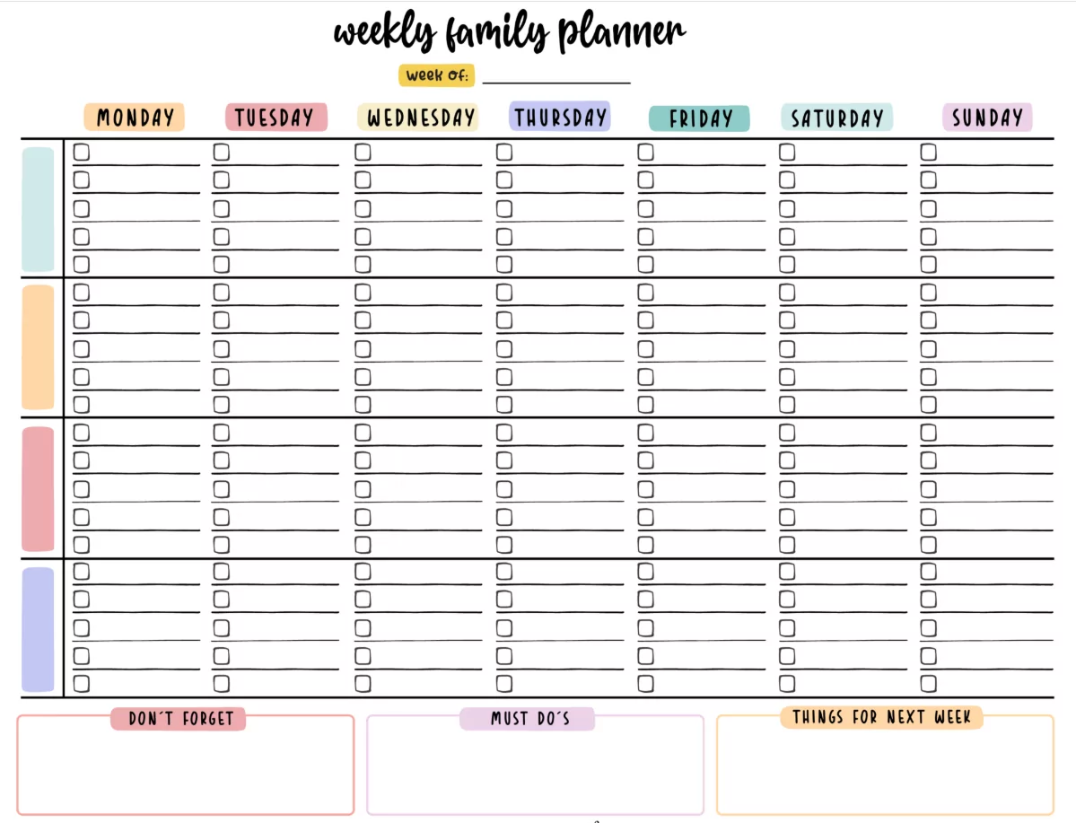 Family activity coordination productivity guide chart