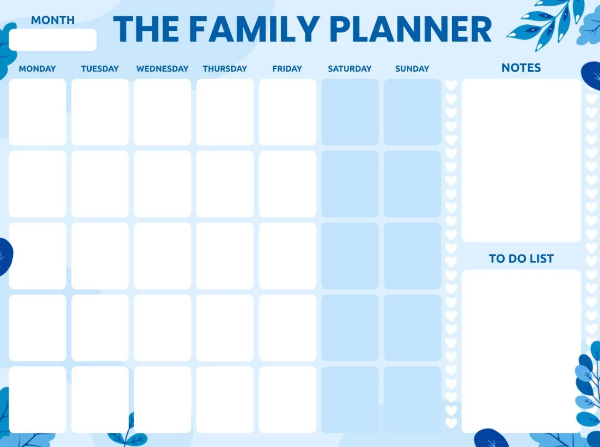 Family planner template with time blocks for school runs, sports, and weekend chores