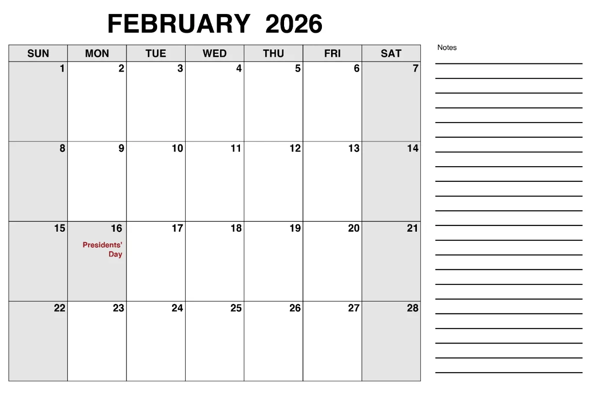 Free printable February 2026 calendar with simple monthly layout