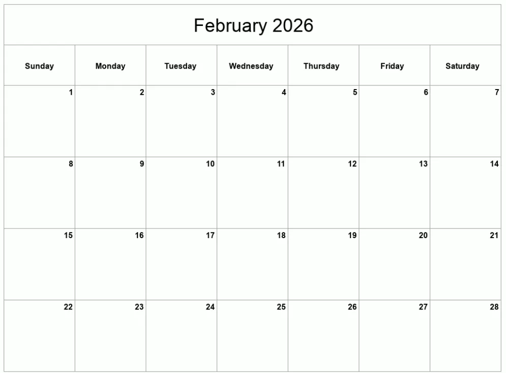 Free printable blank February 2026 calendar in PDF format with clean grid