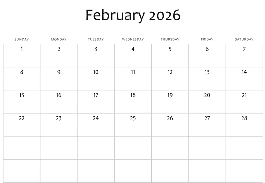Minimalist February 2026 calendar template for easy home or office planning