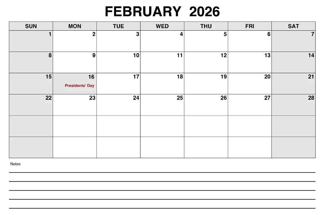 Simple February 2026 monthly calendar with Presidents Day marked as a federal holiday
