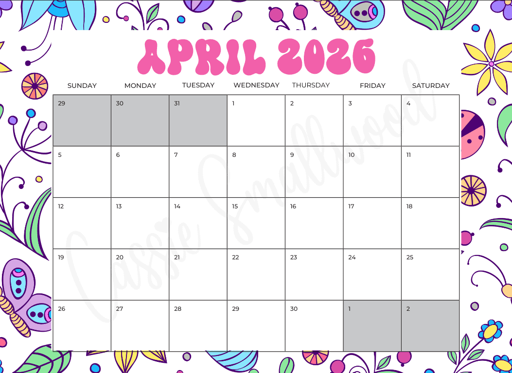 April 2026 weekly calendar printable