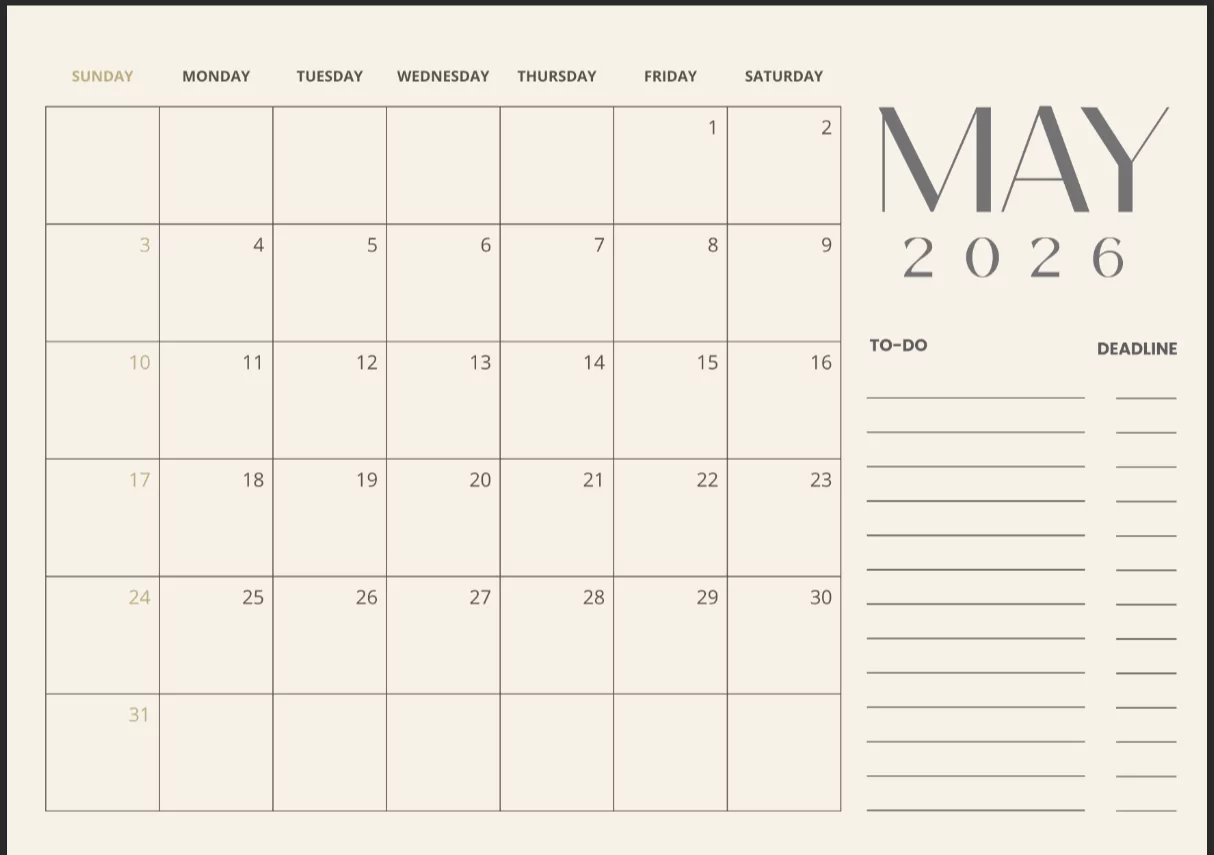 Customizable Excel May 2026 calendar blank template for personal planning