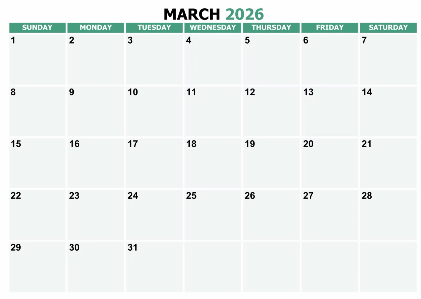 March 2026 Monday start calendar