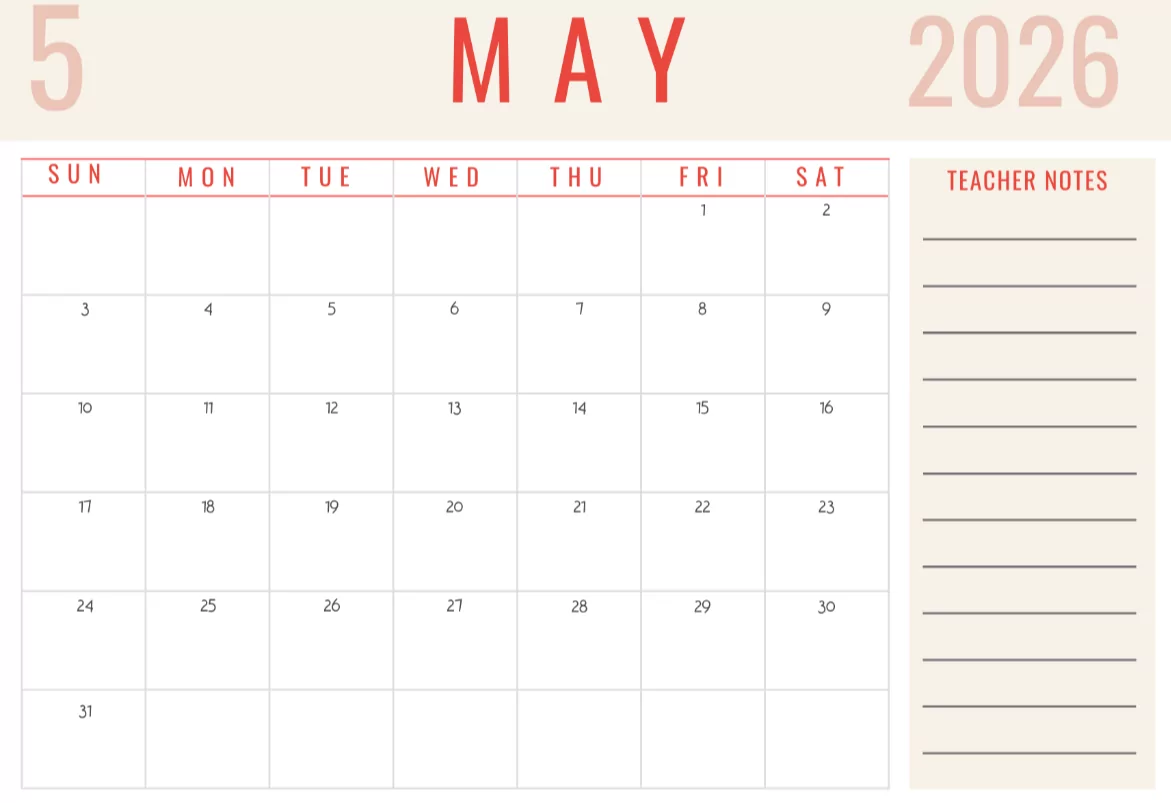 Notepad plain text May 2026 calendar template easy editing