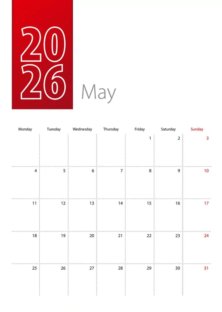 Plain text May 2026 calendar simple grid format for screen readers