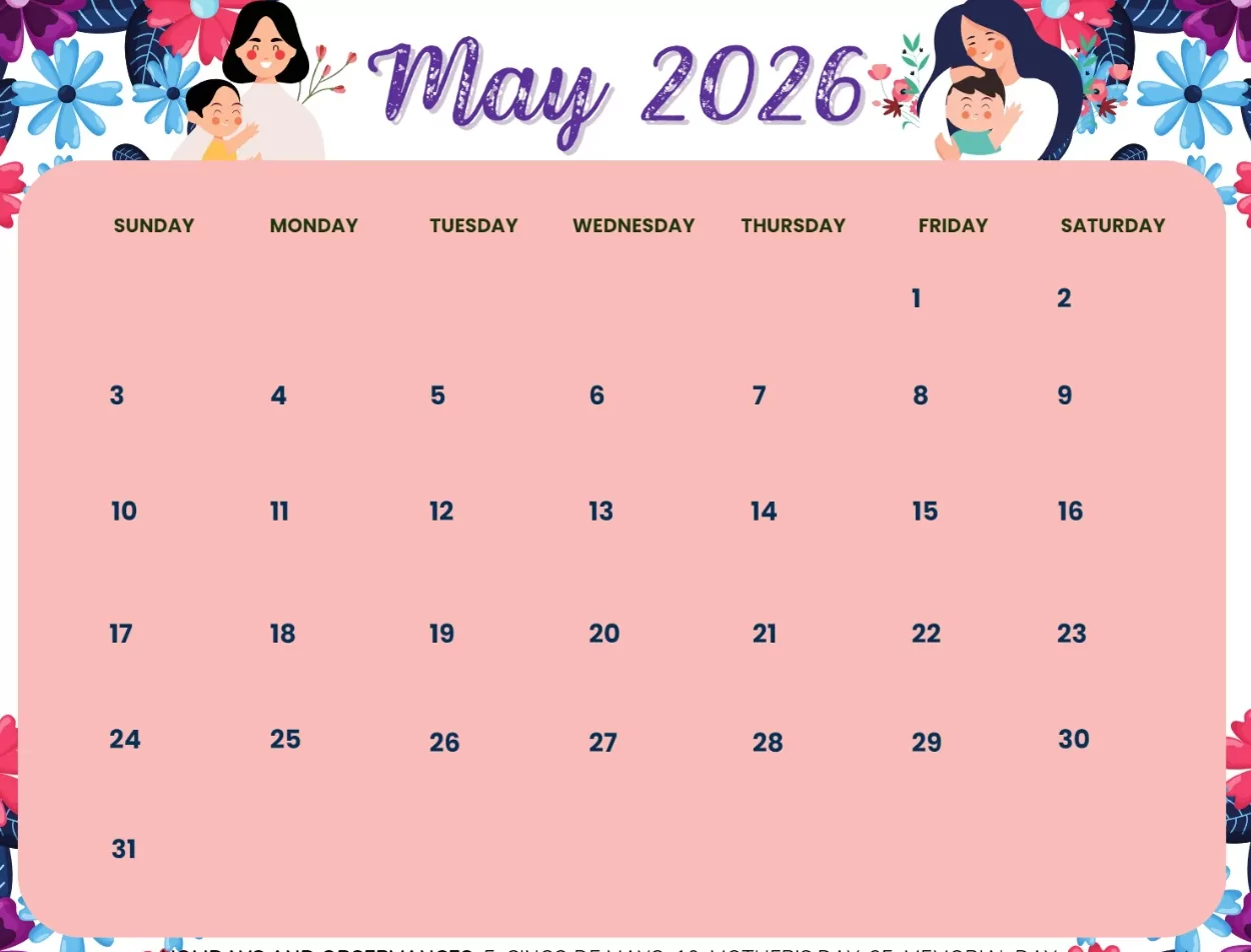 Printable May 2026 calendar template with Memorial Day and Mother's Day highlighted