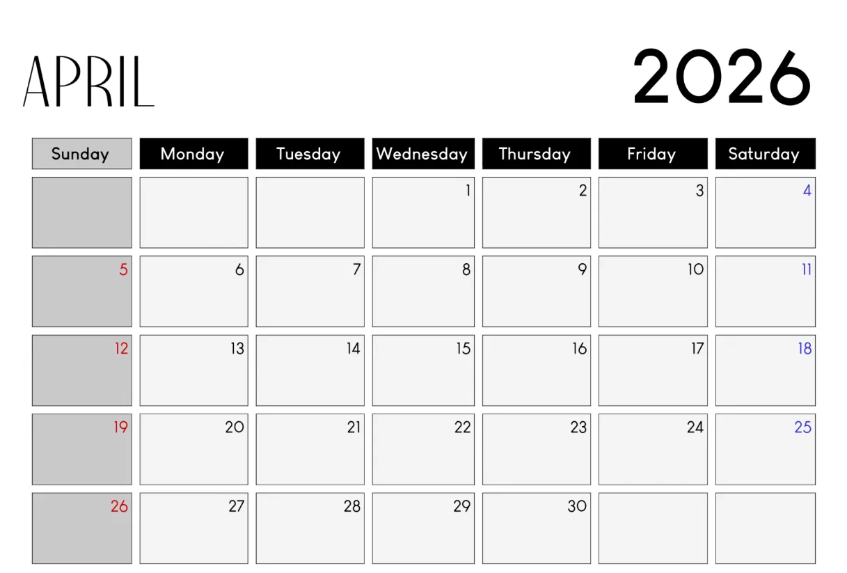 april 2026 blank calendar printable