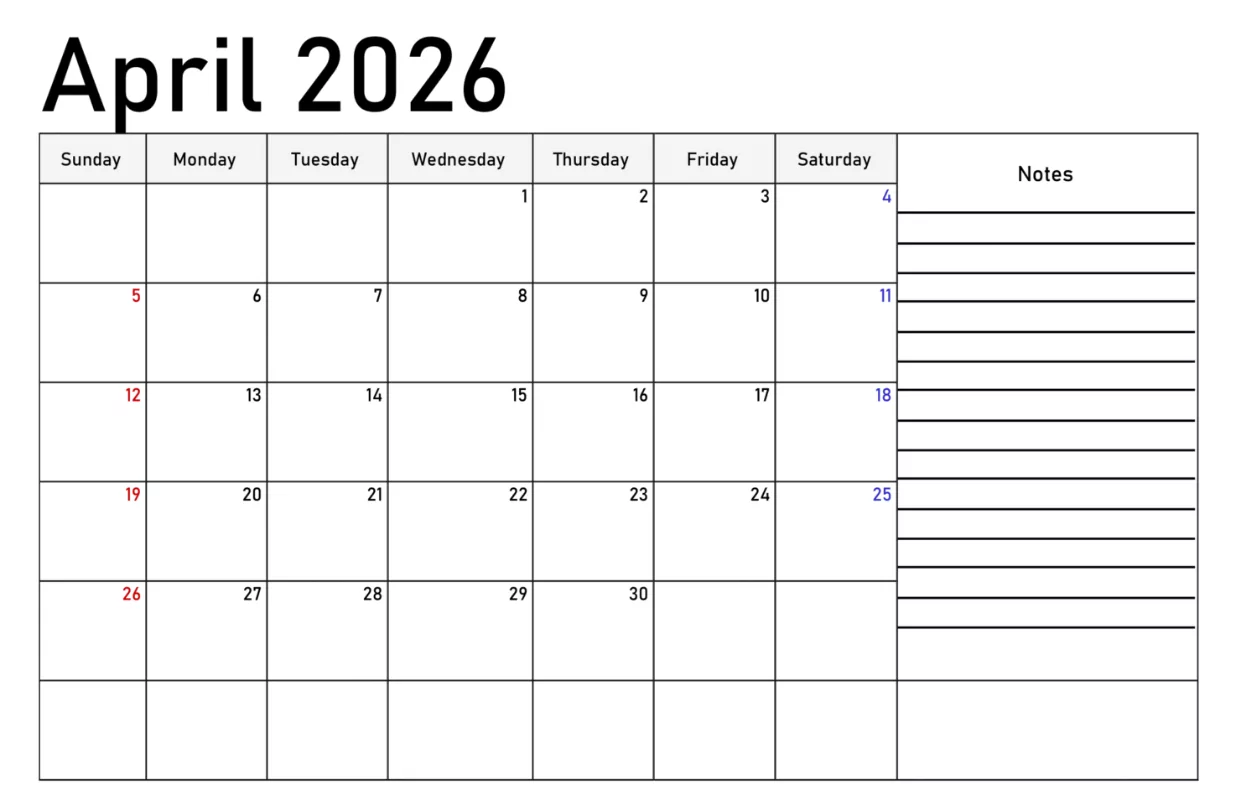 april 2026 text calendar template