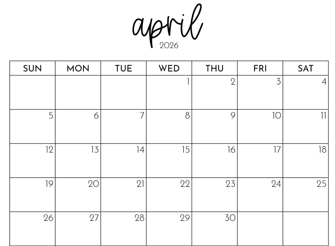 blank April 2026 calendar text only