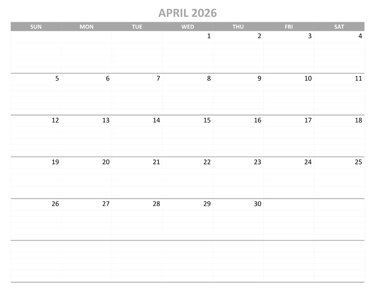 blank weekly calendar April 2026 printable